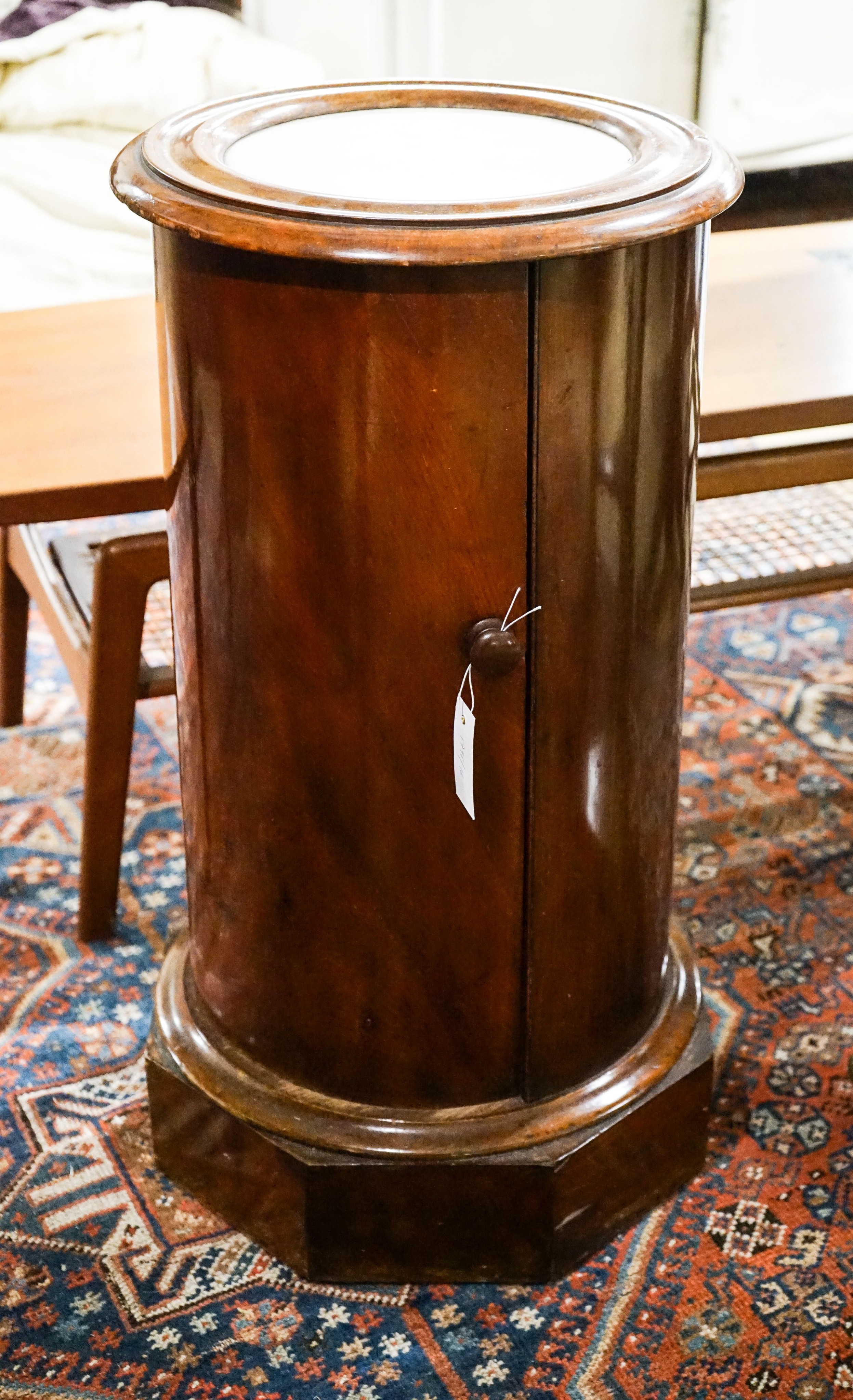 A Victorian mahogany marble top cylindrical bedside cupboard, diameter 38cm, height 73cm